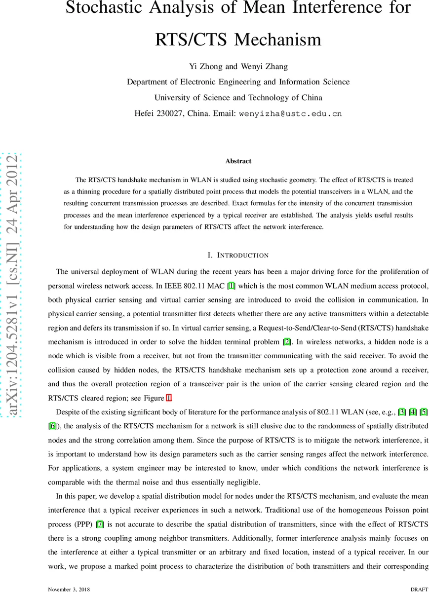 Stochastic Analysis of Mean Interference for RTS/CTS Mechanism