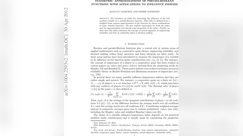 Symmetric approximations of pseudo-Boolean functions with applications   to influence indexes