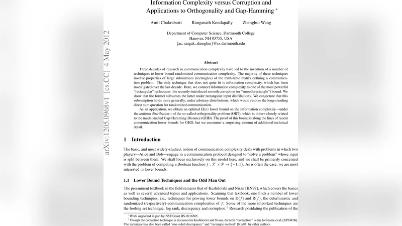 Information Complexity versus Corruption and Applications to   Orthogonality and Gap-Hamming