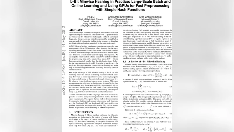 b-Bit Minwise Hashing in Practice: Large-Scale Batch and Online Learning   and Using GPUs for Fast Preprocessing with Simple Hash Functions