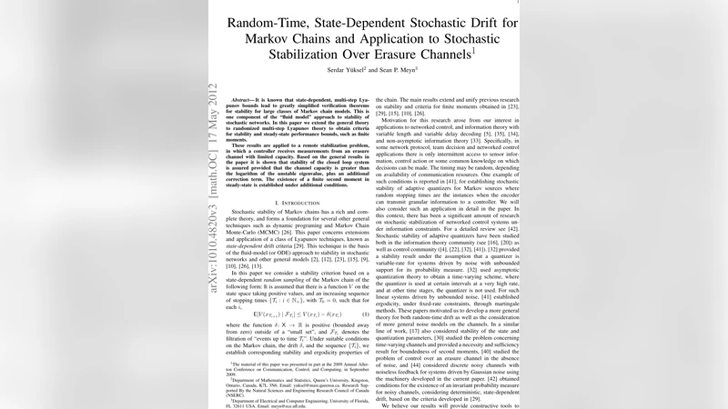 Random-Time, State-Dependent Stochastic Drift for Markov Chains and   Application to Stochastic Stabilization Over Erasure Channels