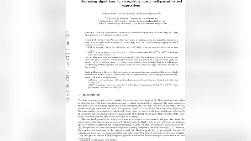 Streaming algorithms for recognizing nearly well-parenthesized   expressions