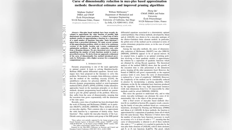 Curse of dimensionality reduction in max-plus based approximation   methods: theoretical estimates and improved pruning algorithms