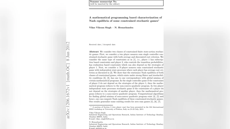 A mathematical programming based characterization of Nash equilibria of   some constrained stochastic games