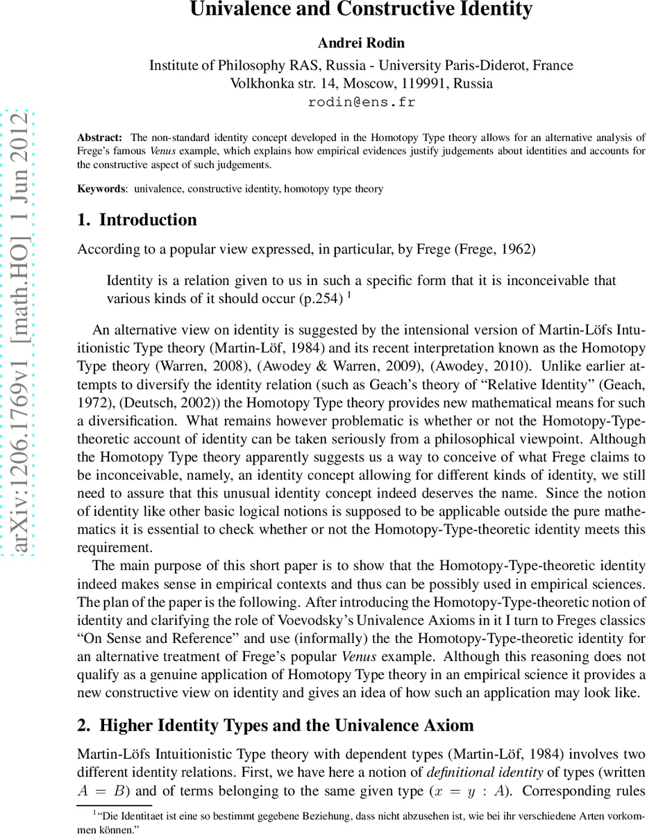 Univalence and Constructive Identity