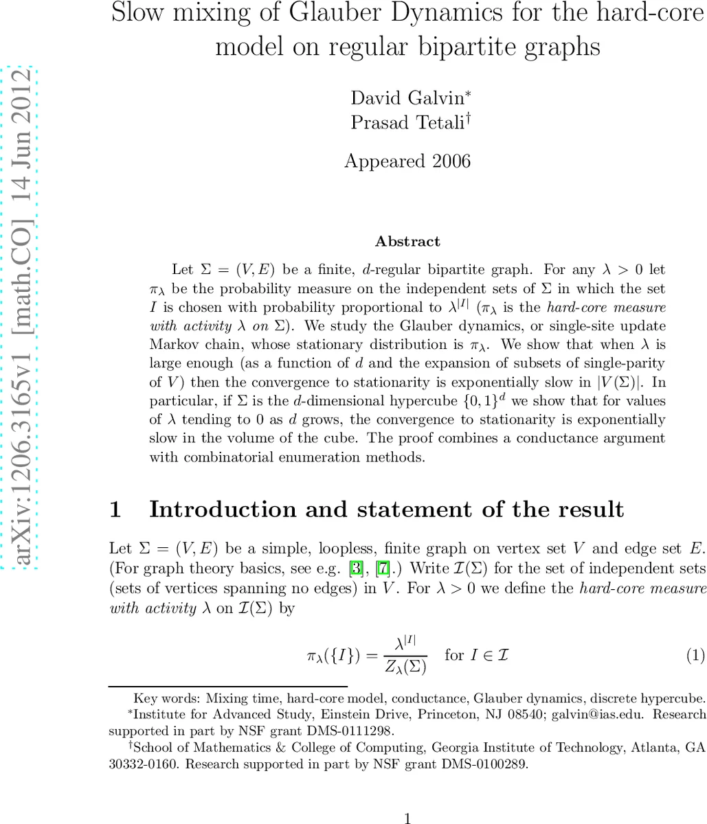 Slow mixing of Glauber Dynamics for the hard-core model on regular   bipartite graphs