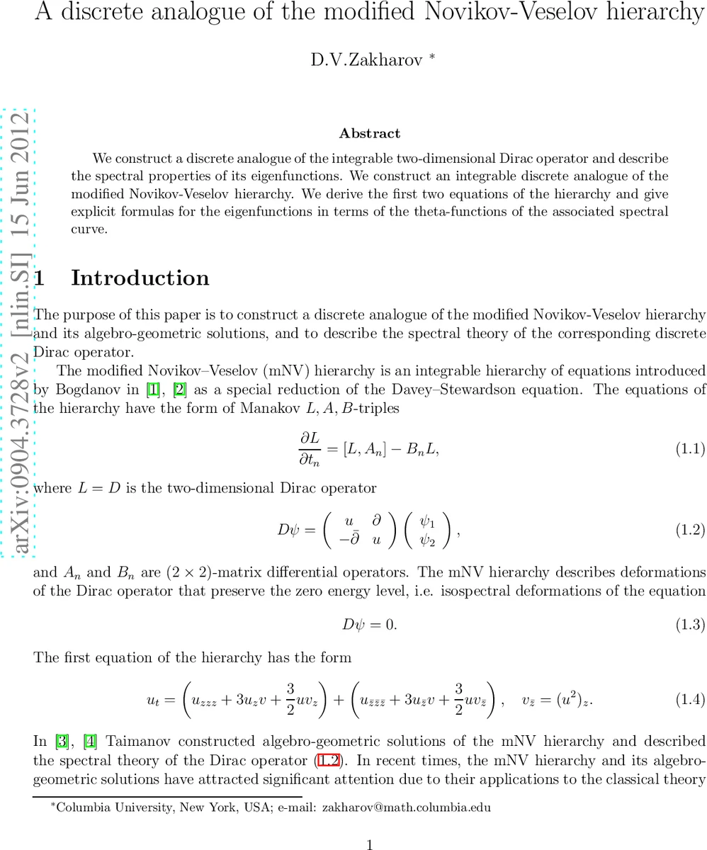A discrete analogue of the modified Novikov-Veselov hierarchy