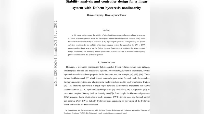 Stability Analysis and Controller Design for a Linear System with Duhem   Hysteresis Nonlinearity
