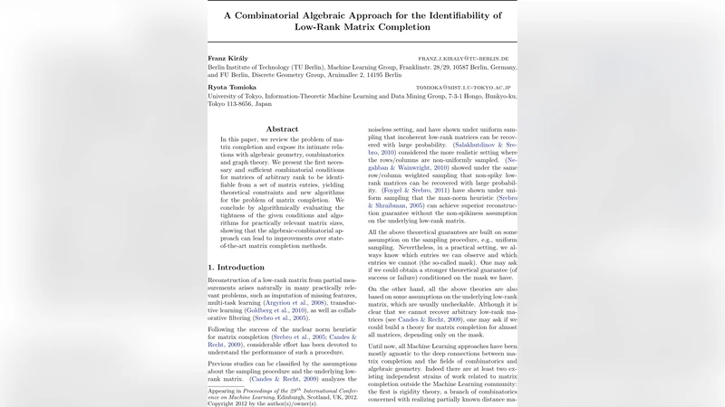 A Combinatorial Algebraic Approach for the Identifiability of Low-Rank   Matrix Completion