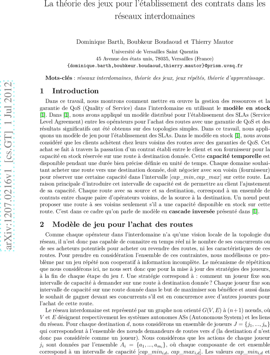 La theorie des jeux pour letablissement des contrats dans les   reseaux interdomaines