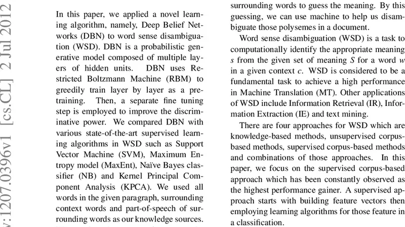 Applying Deep Belief Networks to Word Sense Disambiguation