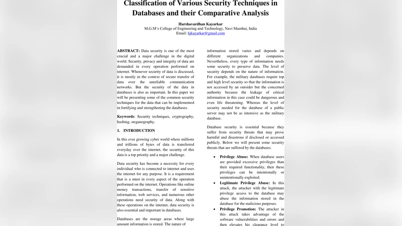 Classification of Various Security Techniques in Databases and their   Comparative Analysis