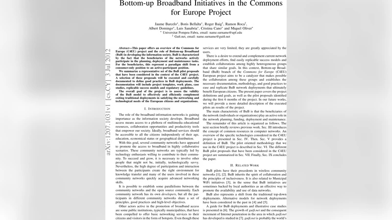 Bottom-up Broadband Initiatives in the Commons for Europe Project