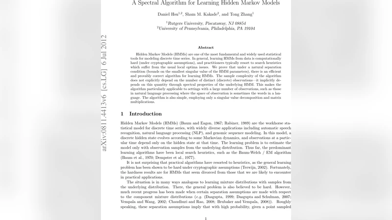 A Spectral Algorithm for Learning Hidden Markov Models