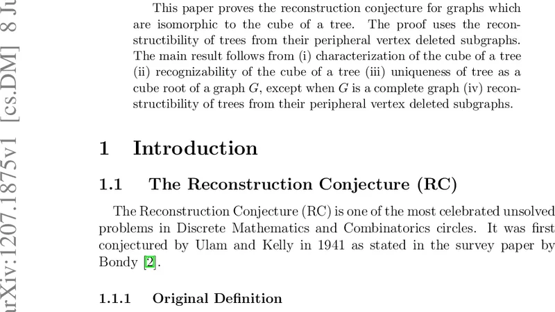 Reconstruction Conjecture for Graphs Isomorphic to Cube of a Tree