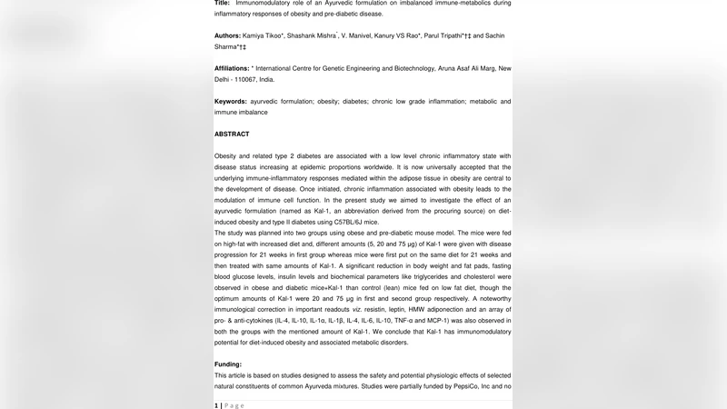 Immunomodulatory role of an Ayurvedic formulation on imbalanced   immune-metabolics during inflammatory responses of obesity and pre-diabetic   disease
