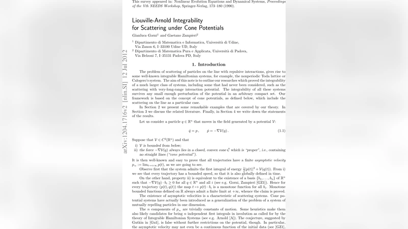 Liouville-Arnold integrability for scattering under cone potentials