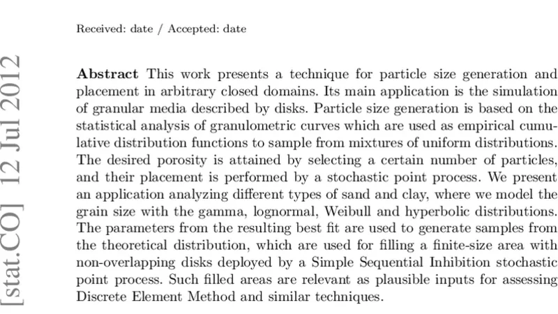 Stochastic particle packing with specified granulometry and porosity