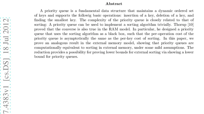 Equivalence between Priority Queues and Sorting in External Memory