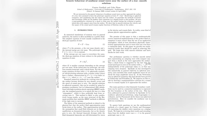 Generic behaviour of nonlinear sound waves near the surface of a star:   smooth solutions