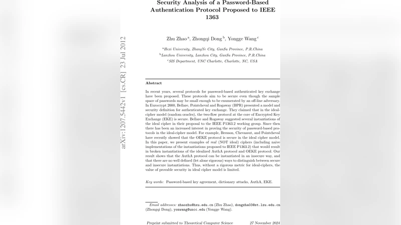 Security Analysis of a Password-Based Authentication Protocol Proposed   to IEEE 1363