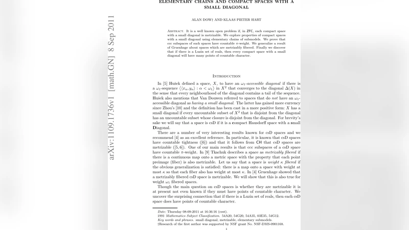 Elementary chains and compact spaces with a small diagonal