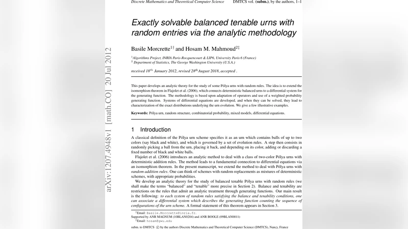 Exactly Solvable Balanced Tenable Urns with Random Entries via the   Analytic Methodology