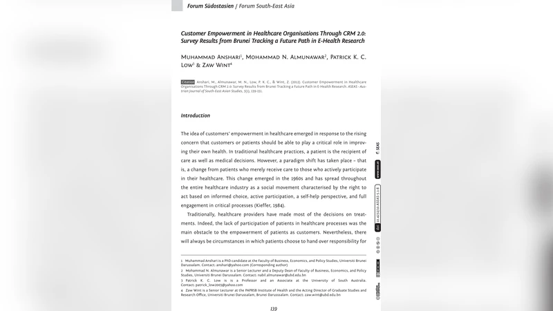Customer Empowerment in Healthcare Organisations Through CRM 2.0: Survey   Results from Brunei Tracking a Future Path in E-Health Research