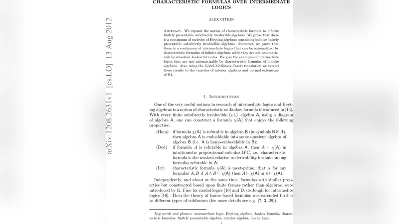 Characteristic formulas over intermediate logics