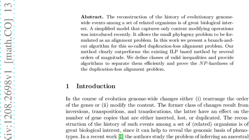 A Branch-and-Cut Algorithm for the 2-Species Duplication-Loss Phylogeny   Problem