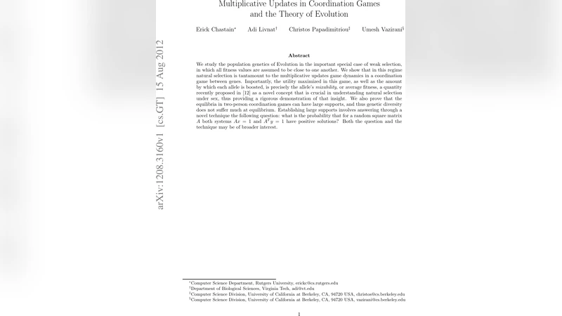 Multiplicative Updates in Coordination Games and the Theory of Evolution