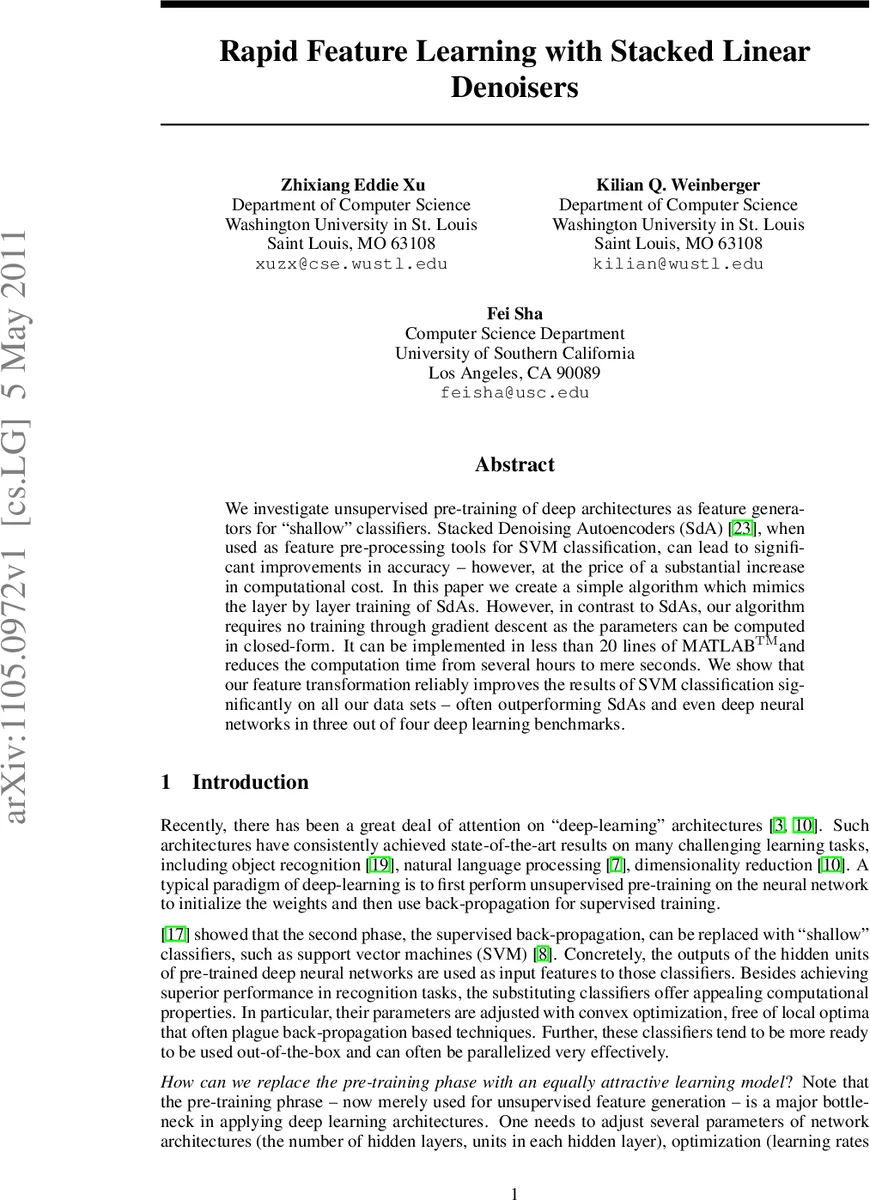 Rapid Feature Learning with Stacked Linear Denoisers