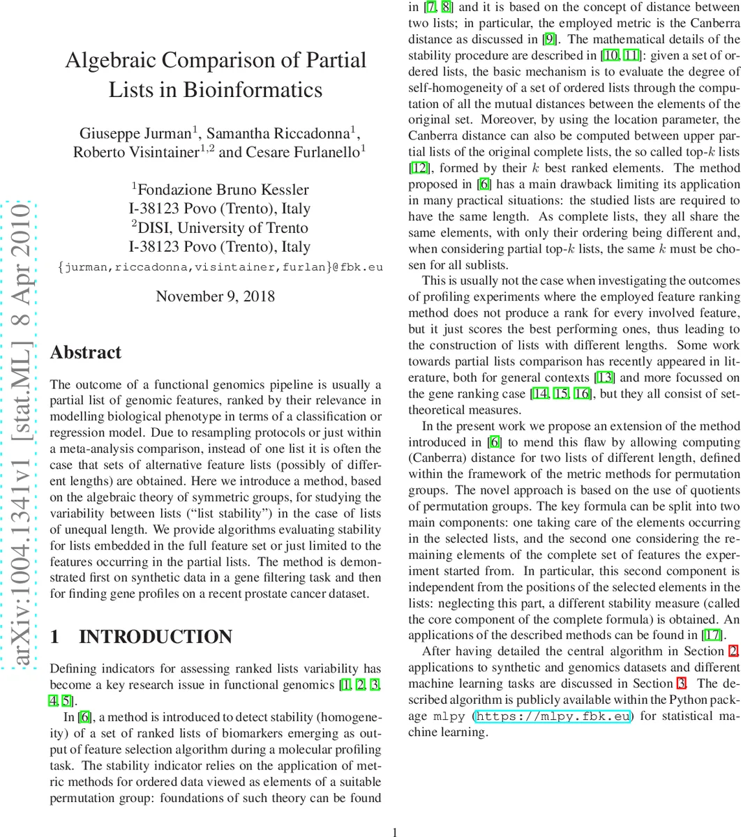 Algebraic Comparison of Partial Lists in Bioinformatics