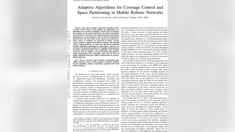 Adaptive Algorithms for Coverage Control and Space Partitioning in   Mobile Robotic Networks