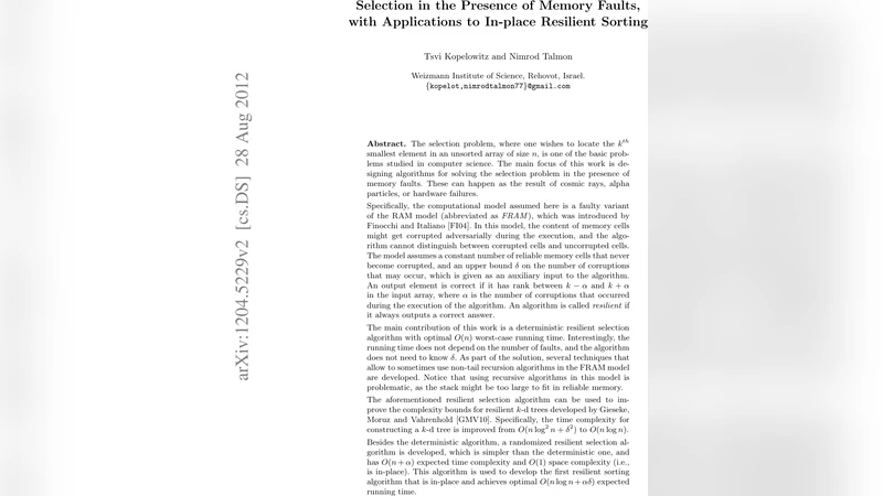Selection in the Presence of Memory Faults, with Applications to   In-place Resilient Sorting