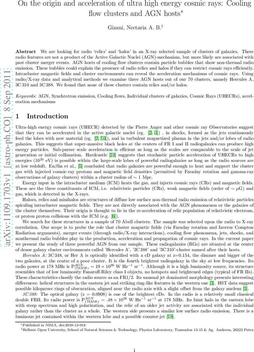 On the origin and acceleration of cosmic rays: Cooling flow clusters and   AGN hosts