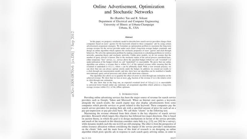 Online Advertisement, Optimization and Stochastic Networks