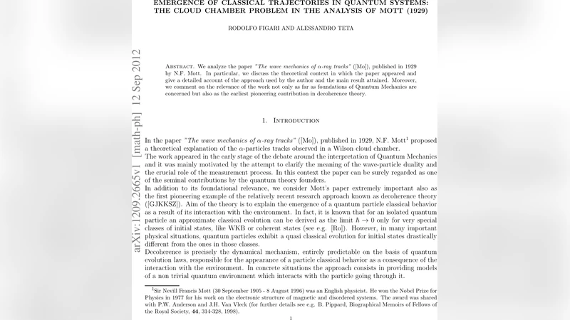 Emergence of classical trajectories in quantum systems: the cloud   chamber problem in the analysis of Mott (1929)