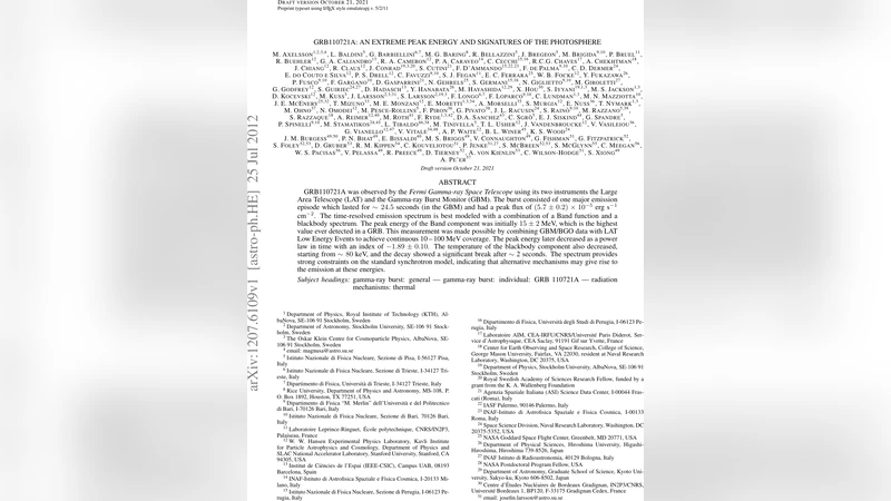 GRB110721A: An extreme peak energy and signatures of the photosphere