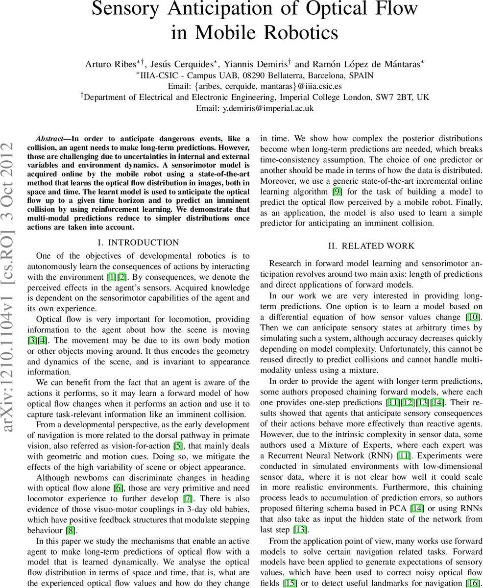 Sensory Anticipation of Optical Flow in Mobile Robotics