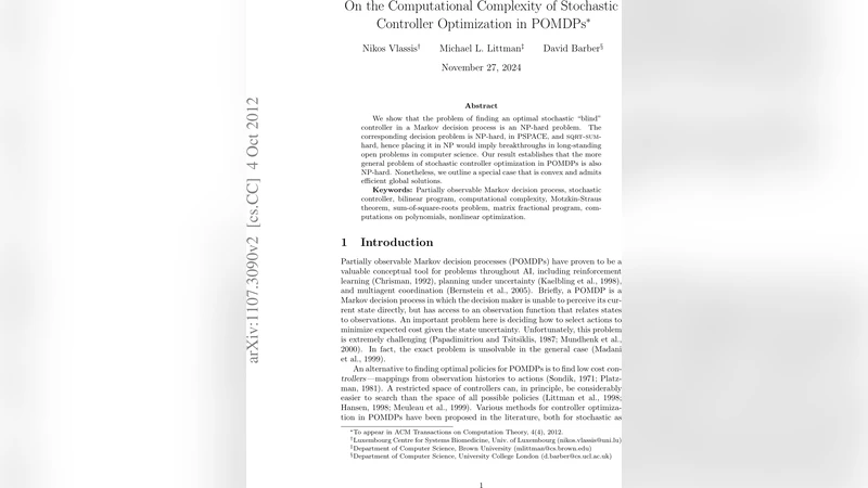 On the Computational Complexity of Stochastic Controller Optimization in   POMDPs