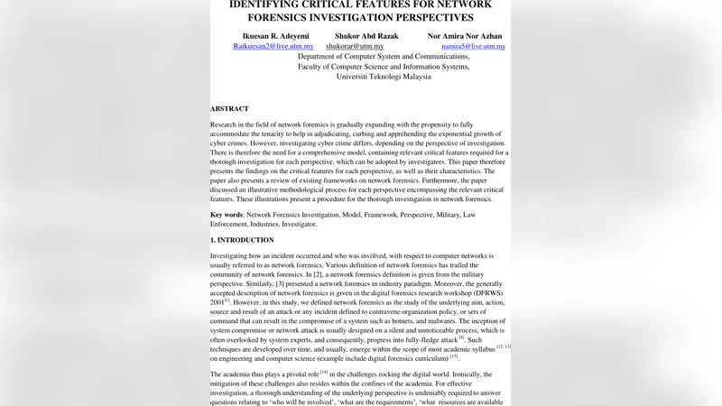 Identifying critical features for network forensics investigation   perspectives