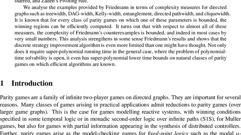 The discrete strategy improvement algorithm for parity games and   complexity measures for directed graphs