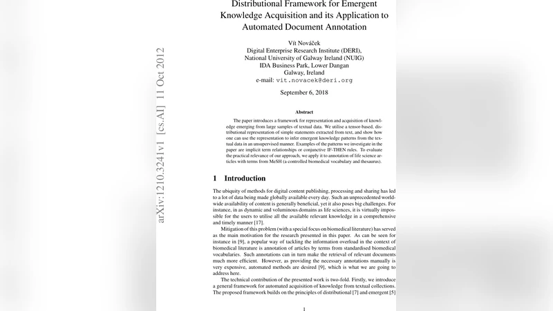 Distributional Framework for Emergent Knowledge Acquisition and its   Application to Automated Document Annotation