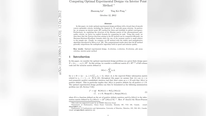 Computing Optimal Experimental Designs via Interior Point Method