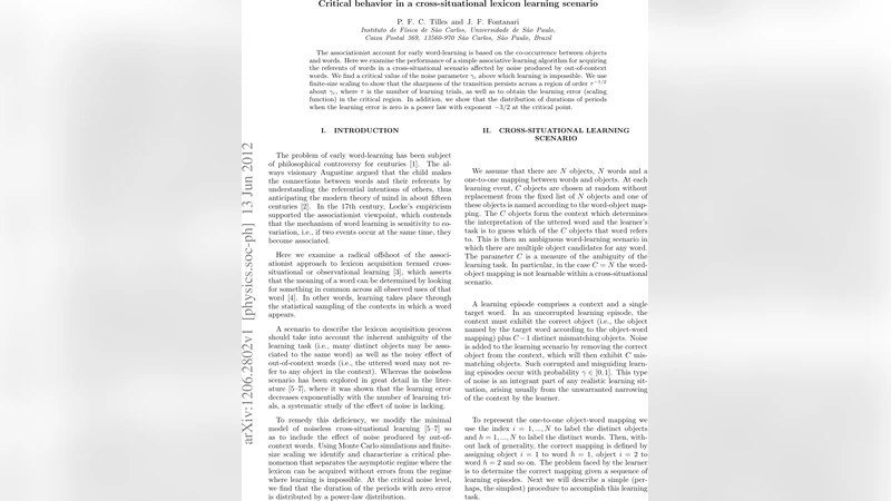 Critical behavior in a cross-situational lexicon learning scenario