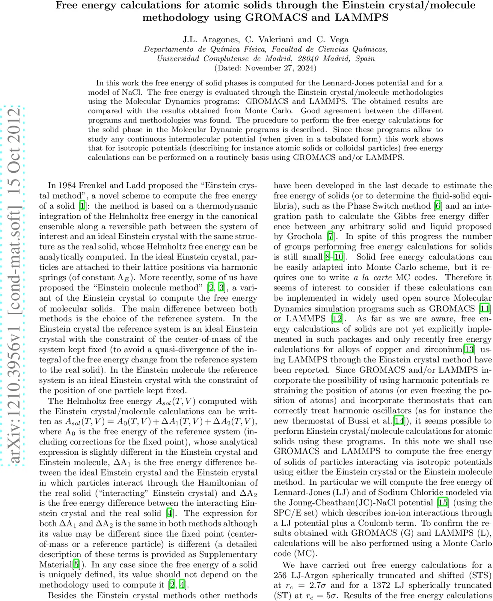 Free energy calculations for atomic solids through the Einstein   crystal/molecule methodology using GROMACS and LAMMPS