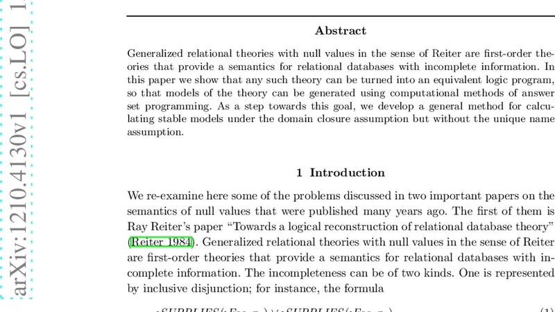 Relational Theories with Null Values and Non-Herbrand Stable Models