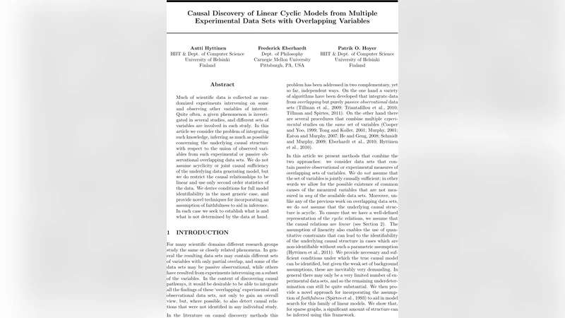 Causal Discovery of Linear Cyclic Models from Multiple Experimental Data   Sets with Overlapping Variables