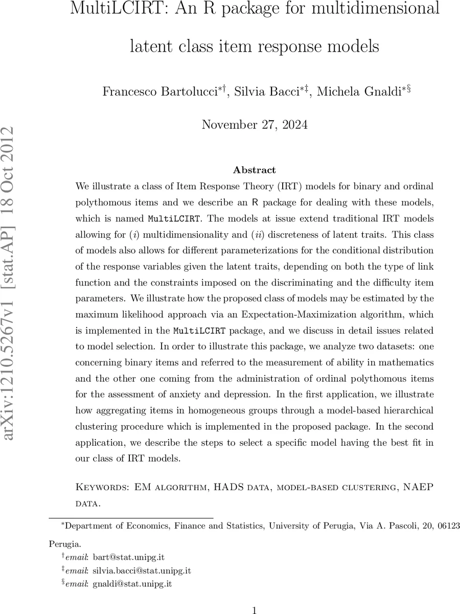 MultiLCIRT: An R package for multidimensional latent class item response   models
